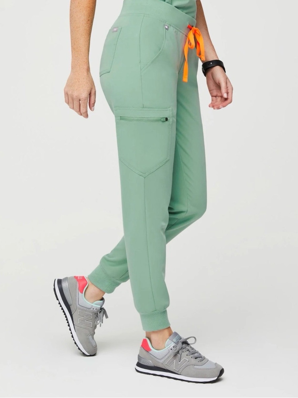 Figs Women's Sage Green Jogger Scrub Pants with Orange Drawstring